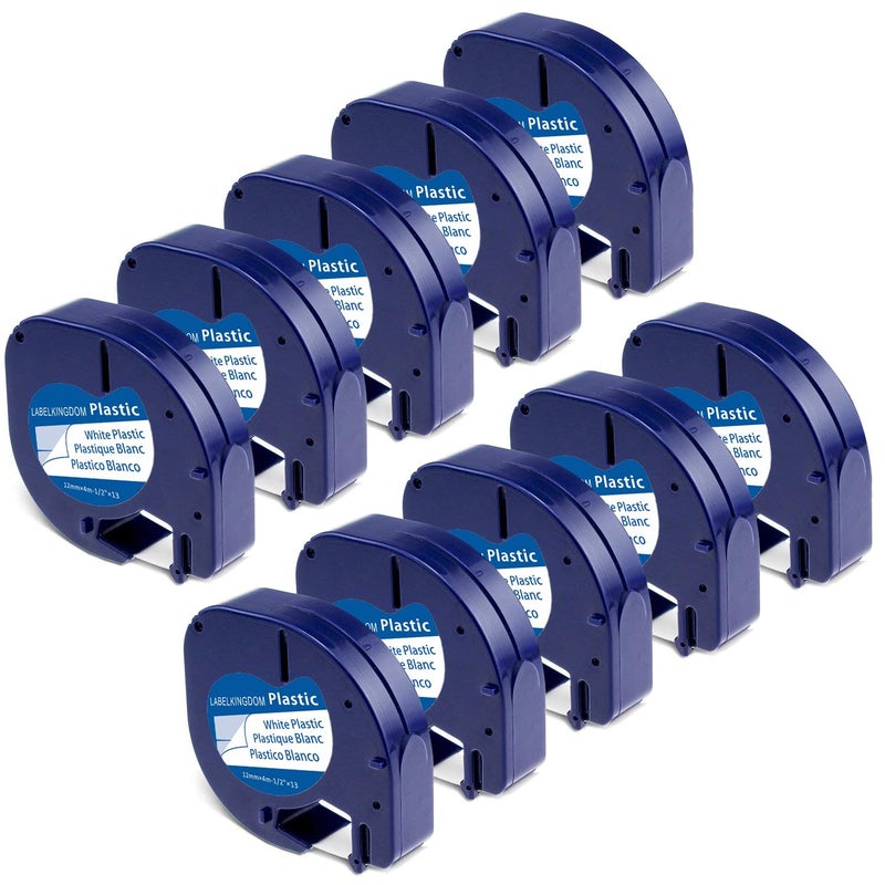 Label KINGDOM 10-Pack Replace for Dymo LetraTag Refills 91331 S0721660 Plastic Label Maker Tape Used for Dymo LetraTag LT100H Plus QX50  1/2 Inch x 23 Feet  Black on White - Image 1